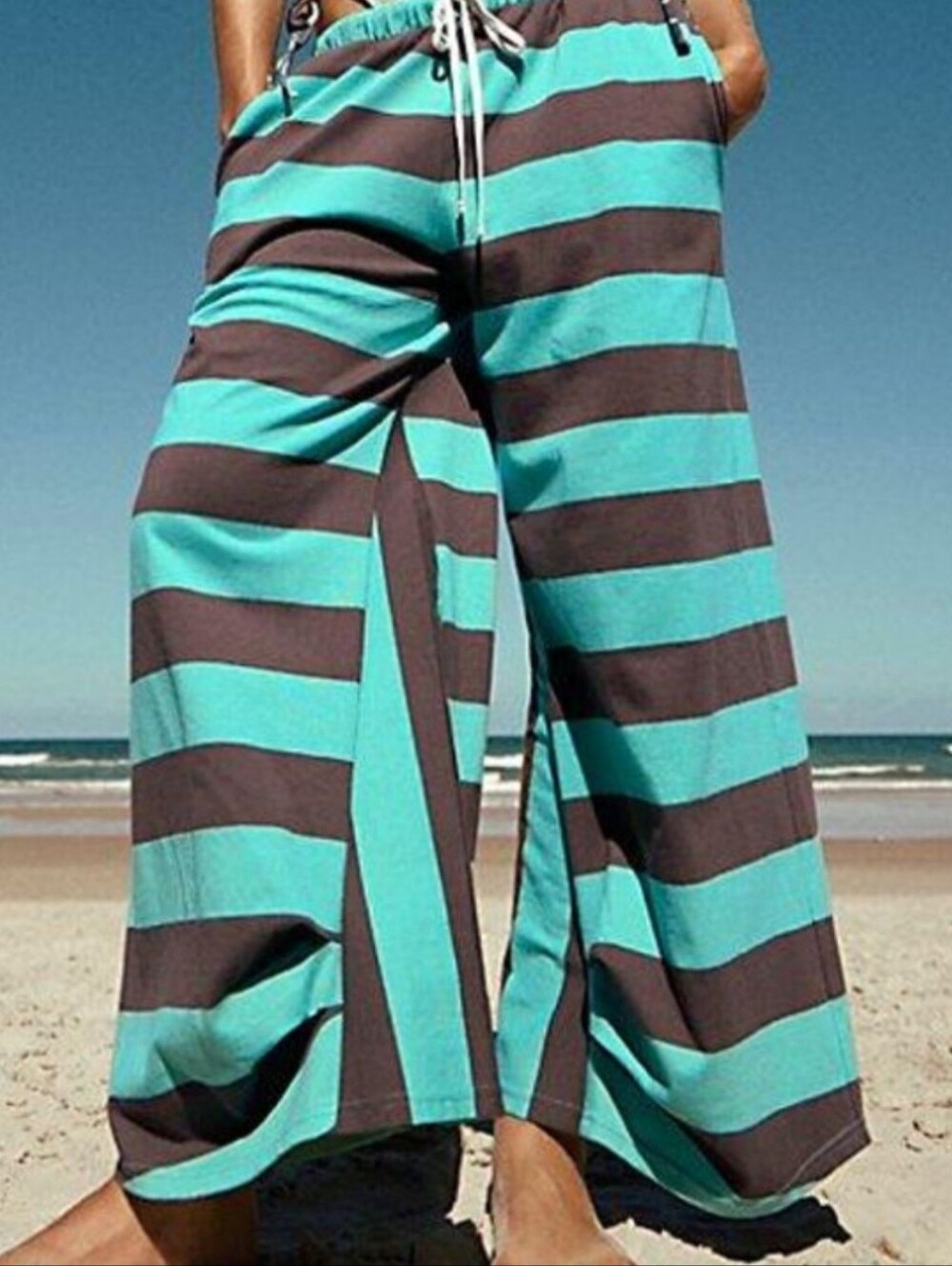 Striped Wide-Leg Beach Pants in Teal and Brown